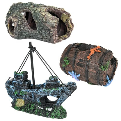 AmaQueen 3 Pcs Fish Tank Decorations, Aquarium Decor Ornaments, Betta Fish Axolotl House Hideout Cave Stuff Accessories, Set of 3 Resin Hollow Tree Trunk, Starfish Barrel, Shipwreck Ship (3)