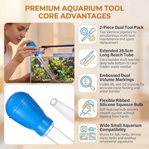 Aquarium Cleaning Pipette Manual Gravel Cleaner Tool 2 Pack | Clear acrylic tube with soft silicone bulb; pointed tip for waste suction; for small tank cleaning partial water change