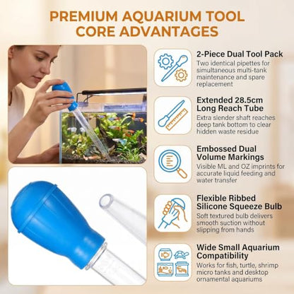 Aquarium Cleaning Pipette Manual Gravel Cleaner Tool 2 Pack | Clear acrylic tube with soft silicone bulb; pointed tip for waste suction; for small tank cleaning partial water change