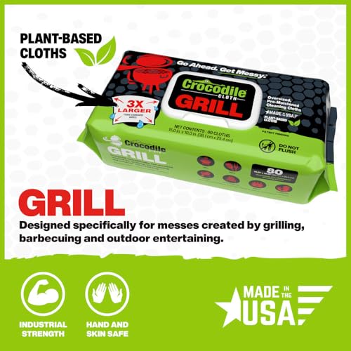 Crocodile Cloth Grill Food Safe Cleaning Wipes, 8 Packs, 640 Count | Safe on Skin & Multiple Surfaces, Infused with Aloe & Vitamin E, Large, Pre-Moistened & Absorbent - size: 80 Count (Pack of 8)