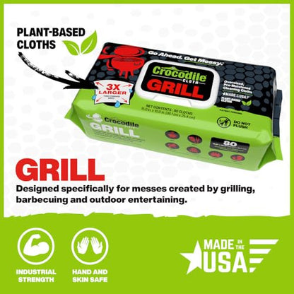 Crocodile Cloth Grill Food Safe Cleaning Wipes, 8 Packs, 640 Count | Safe on Skin & Multiple Surfaces, Infused with Aloe & Vitamin E, Large, Pre-Moistened & Absorbent - size: 80 Count (Pack of 8)