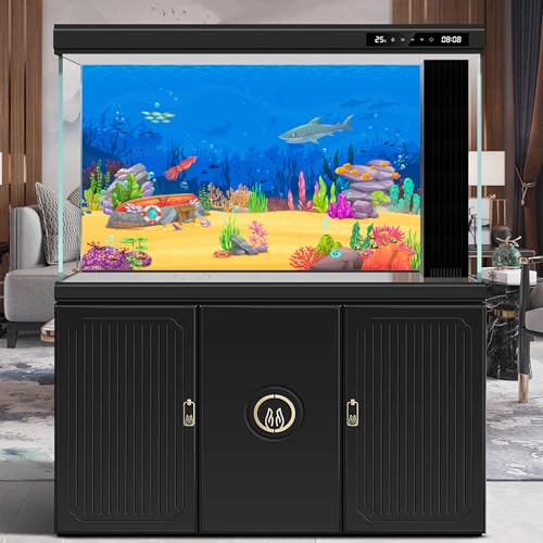 Underwater Cartoon Landscape Aquarium Background Adventurous Sea Scene Shark Sunken Boat Squid Fish Shoal Terrarium Background Deep Blue Sea Marine Life Game Level Fish Tank Backdrop Vinyl 24x12in - color: Cartoon Yellow, size: 24(W)x12(H)in