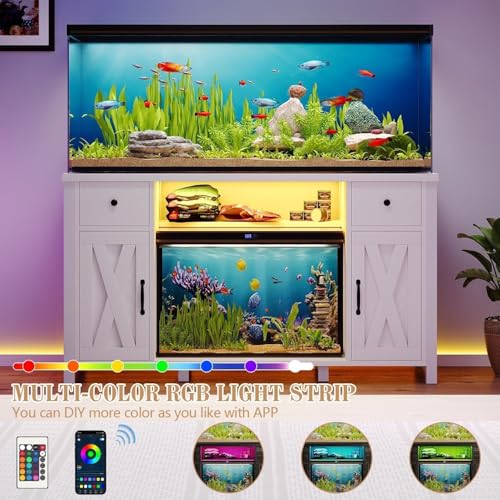 4ever2buy 55-75 Gallon Fish Tank Stand, Aquarium Stand with Storage, White | 52 x 20 In Top, Farmhouse Turtle Tank Stand, 2 Drawers & 2 Barn Doors, LED Light, Power Outlets, Shelf Storage, Heavy Duty - color: White