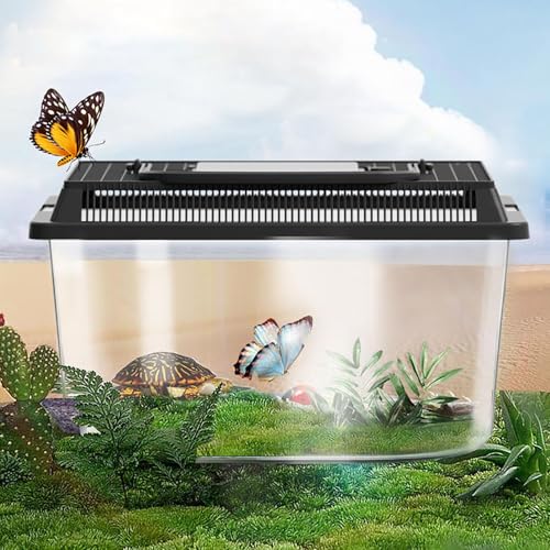 Transparent Reptile Feeding Box 360°, Standard Faunarium with Handle, Reptile Tank Transport & Portable Habitat Feeding Boxes, Transparent Plastic Pet Houses for Gecko, Frog, Lizard, Tarantula (Black) - color: Black
