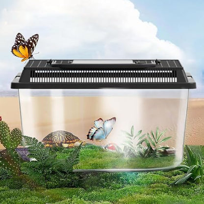 Transparent Reptile Feeding Box 360°, Standard Faunarium with Handle, Reptile Tank Transport & Portable Habitat Feeding Boxes, Transparent Plastic Pet Houses for Gecko, Frog, Lizard, Tarantula (Black) - color: Black