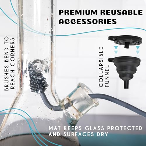 Glass Cleaning Kit - Reusable Silicone Accessories - Complete Kit to Clean your Piece, Just Add Cleaner - Reusable Soaker Bag, Brushes, Mat, Caps & Plugs, Funnel, & Microfiber Towel - color: Blue Green