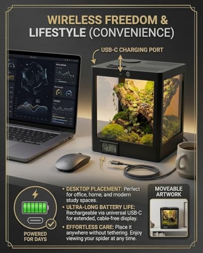 Smart Jumping Spider Terrarium with LED Light & Temp Humidity Monitor – Micro-Jungle Reptile Enclosure, Vertical Desktop Rainforest Ecosystem Display Decor