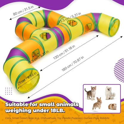 Cat Tunnel for Indoor Cats Large, Collapsible Cat Playhouse Pet Play Tunnel Tube Maze with Hanging Pom-Poms and Interactive Holes for Kitten, Kitty, Puppy, Rabbits, Ferret, Guinea Pig