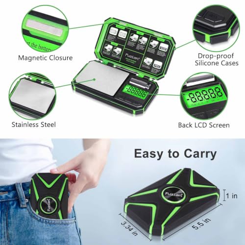 Fuzion Digital Gram Scale, TU-X 200g/0.01g Pocket Herb Scale with 6 Units for Personal Hobbies, Small Scale .01 Gram Accuracy Measuring Jewelry, Food, Powder - color: Green