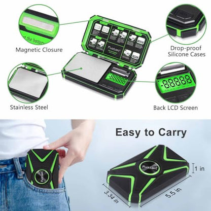 Fuzion Digital Gram Scale, TU-X 200g/0.01g Pocket Herb Scale with 6 Units for Personal Hobbies, Small Scale .01 Gram Accuracy Measuring Jewelry, Food, Powder - color: Green