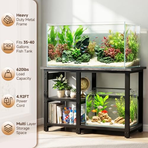 AQQA Aquarium Stand 31×18 Inch, 620LBS Heavy Duty Metal Frame | 3-Tier Storage Shelves Fish Tank Stand, 5-in-1 Outlets, Ideal for Aquariums, Reptiles, Terrariums for 35-40 Gallon Tanks - size: M for 35-40 Gallon (With power outlet)