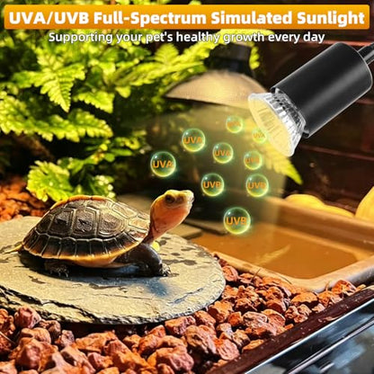 Dual-Head Reptile Heat Lamp Bundle, 24H Cycle Timer & Hygrothermograph | 360° Rotatable, UVA & UVB Basking Heat Lamp for Turtle Snake Tortoise Bearded Dragon Lizard