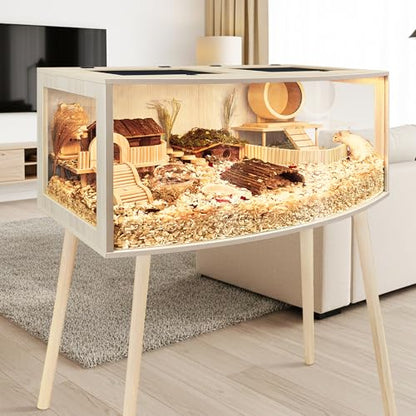 PROLEE Hamster Cage with Curved Design, Chew Proof Wooden Hamsters Enclosure with Leg Stand and Openable Top for Gerbils,Hamster Habitat, 48x20x20 Inch - size: 48.0"L x 20.0"W x 20.0"H