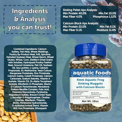 Calcium Blocks Included in Aquatic Frog 4mm Sinking 40% Protein Nuggets. Ideal for All Frogs and Bottom Tropical Fish…10oz Jar - size: 10 Ounce (Pack of 1)