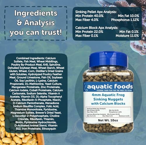 Calcium Blocks Included in Aquatic Frog 4mm Sinking 40% Protein Nuggets. Ideal for All Frogs and Bottom Tropical Fish…4-lbs 12oz Jar - size: 4.75 Pound (Pack of 1)