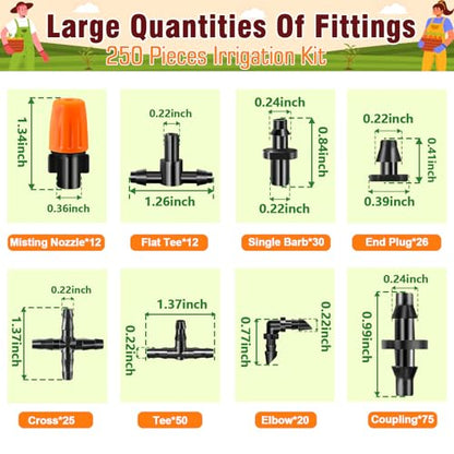 250-Piece Drip Irrigation Fittings Kit for 1/4" Tubing, Complete Set of Barbed Connectors for Drip System Setup (Nozzles, Nozzle Tees, Single Barbs, Couplings, Tees, Elbows, Plugs, Crosses) - size: 1/4" Fittings with Box-250P