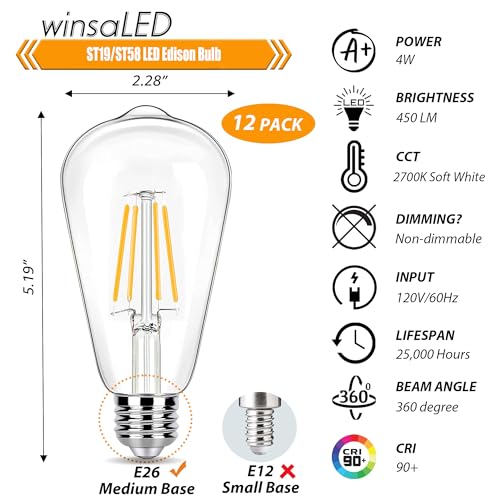 winsaLED LED Light Bulb 40 Watt Equivalent, 2700K 4W ST19, Non-Dim, 12 Pack | Soft Warm White LED Edison Bulbs, 450LM, E26 Medium Base, High CRI 90+ - color: 2700k-soft White