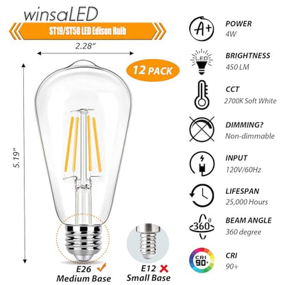 winsaLED LED Light Bulb 40 Watt Equivalent, 2700K 4W ST19, Non-Dim, 12 Pack | Soft Warm White LED Edison Bulbs, 450LM, E26 Medium Base, High CRI 90+ - color: 2700k-soft White