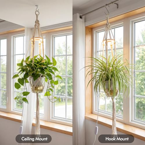 Hanging Plant Grow Lights for Indoor Plants with Timer | Wall Mounted Full Spectrum Pendant Growing Light with Macrame Plant Hanger, Ceiling LED Planta Luz for Potted Plants - size: 1 Pack