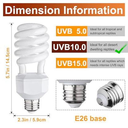 UVB Reptile Light Bulb 10.0, 23W UV Spiral Compact Florescent Terrarium Lamp Ideal for Desert Reptiles Bearded Dragons Lizard Tortoise Iguanas Chameleons Snake - 2 Pack - size: UVB10.0