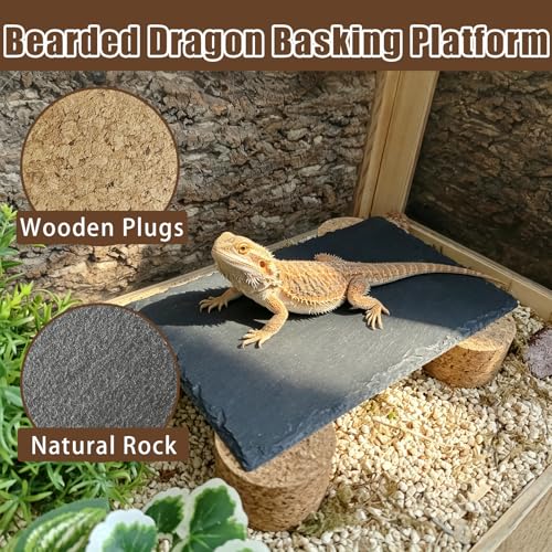 Bearded Dragon Basking Rock Platform,Reptile Basking Slate Rock with Wooden Stump,Leopard Gecko Hides and Caves Tank Accessories for Lizards,Snakes,Ball Pythons,Turtle