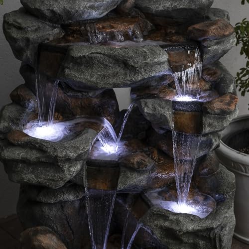 Alpine Corporation WIN1068 Outdoor Floor Rock Water Fountain with LED Lights, 5-Tier Rock Waterfall Fountain 54", Dark Brown - style: 54" H - 5-Tier Cool White LEDs