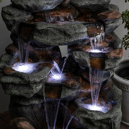 Alpine Corporation WIN1068 Outdoor Floor Rock Water Fountain with LED Lights, 5-Tier Rock Waterfall Fountain 54", Dark Brown - style: 54" H - 5-Tier Cool White LEDs