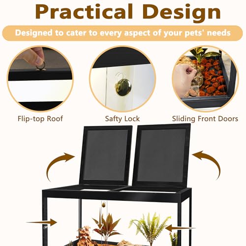Bearded Dragon Tank 30 Gallon, 24 x 16 x 16 Inch Wooden Reptile Enclosure with Metal Mesh Top, Clear Acrylic Sliding Doors and Lock, Large Lizard and Snake Tank, Black