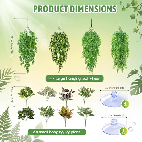 12 Pcs Reptile Plants Terrarium Hanging Plant Vines Artificial Leaves with Suction Cups Climbing Foliage for Bearded Dragon Lizard Gecko Snake Tank Accessories Decor (Lush Series) - style: Lush Series