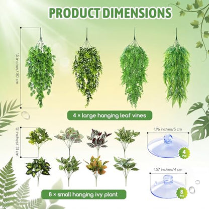12 Pcs Reptile Plants Terrarium Hanging Plant Vines Artificial Leaves with Suction Cups Climbing Foliage for Bearded Dragon Lizard Gecko Snake Tank Accessories Decor (Lush Series) - style: Lush Series