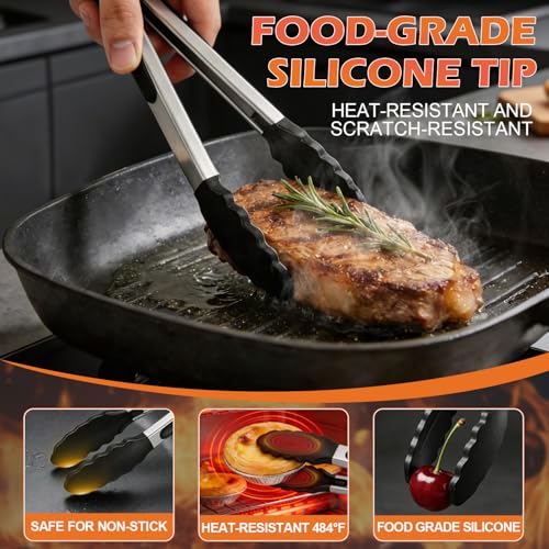 Stainless Steel Kitchen Tongs with Silicone Tips, Locking Grilling Food Tongs, 7" 9" and 12", Set of 3 Black - color: 3pack Black