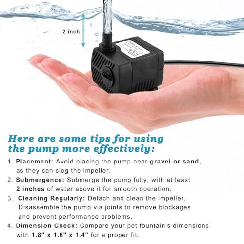 90 GPH Mini Submersible Pump, Small Fountain Pump (5W 350L/H) for water feature, Aquariums, Fish Tank, Tabletop Fountain, Pet Fountain, Indoor or Outdoor Pond Fountain (AC Powered)