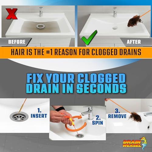 FlexiSnake Drain Weasel PowerSnake Drain Hair Clog Remover Tool, 3 Wands | 36" Long Refills, Plumbing Snake Auger for Cleaning Shower, Tub, Bathroom with Drill Connector, Rotating Handle, Made in USA