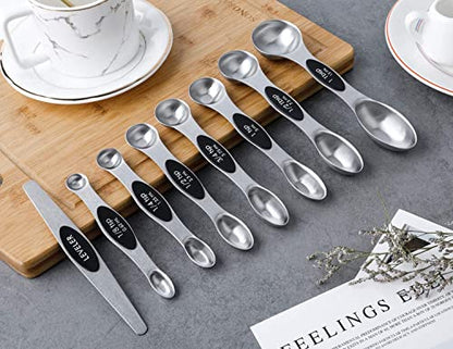 Magnetic Measuring Spoons Set Stainless Steel Stackable Measuring Spoons | Dual Sided Nesting Teaspoons Tablespoons Set of 8 for Measuring Dry and Liquid Ingredients - color: black-8