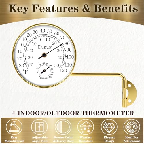 4-Inch Golden Brass Outdoor Thermometer & Humidity Gauge, Analog Dial | Weatherproof Battery-Free Analog Hygrometer, °F/°C Dual Scale, Adjustable Swivel Bracket for Patio, Window & Greenhouse - size: 4inch gloden case+ white dial