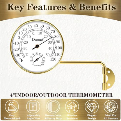 4-Inch Golden Brass Outdoor Thermometer & Humidity Gauge, Analog Dial | Weatherproof Battery-Free Analog Hygrometer, °F/°C Dual Scale, Adjustable Swivel Bracket for Patio, Window & Greenhouse - size: 4inch gloden case+ white dial