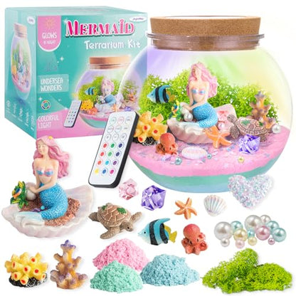 JOYEEMAX Mermaid Light-Up Terrarium Kit for Kids - LED Night Light Birthday Gift for Girls Ages 4 5 6 7 8-12 Year Old - Mermaid Toys for Girls - DIY Arts and Crafts Kit for Kids - style: Mermaid