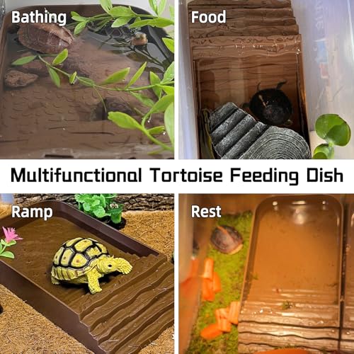 7 PCS Reptile Water Dish Bathing Pool Tortoise Habitat Accessories | plastic,water proof,multi-function,with climbing ramp food dishes reptile plants tweezer,for turtle gecko snake frog - color: Brown