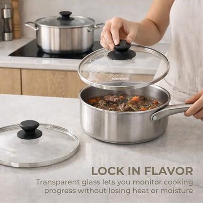 SUNHOUSE 8 Inch Pan Lid, Tempered Glass Lid with Heat-Resistant Knob | Clear Replacement Cover for Frying Pans, Pots, Cast Iron Skillet - Stainless Steel Rim - Dishwasher & Oven Safe to 400F - size: 8 inch