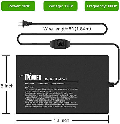 iPower 8"x12" Under Tank Warmer Heating Pad Terrarium Heat Mat with Temperature Adjustable Controller, Thermometer and Hygrometer with Temperature and Humidity Probe for Amphibian and Reptile - size: 8 X 12 Inch, style: Adjustable Pad + Thermo & Hygromete
