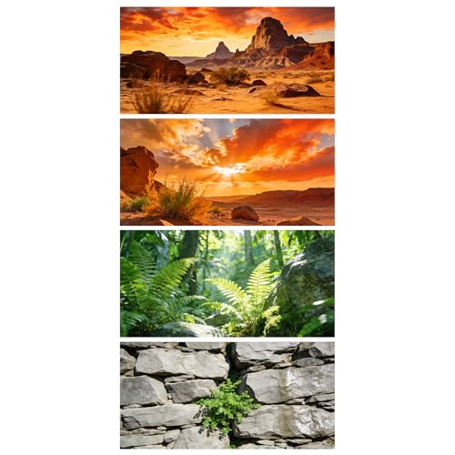 4 Pack Terrarium Background, 36x18 Inch Polyester Reptile Background | Cloth Desert Backgrounds, Gobi Sunshine Stone & Green Fern Rock Terrarium Background