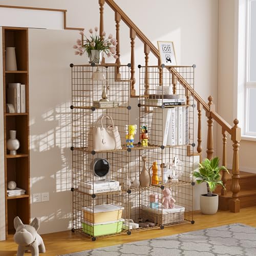 C&AHOME Wire Cube Storage, 12 - Cube Organizer Metal C Grids, Closet, Brown | Modular Shelves Units Storage Bins Shelving Bookshelf Shelf Cabinet - color: Brown