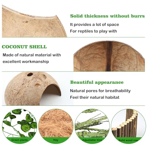 QUOZUO Crested Gecko Tank Accessories, Reptile Climbing Vines Hanging Plants with Coconut Shells Bridge Hideout Hermit Crab Decor for Bearded Dragon Lizard Chameleon Gecko Turtle Snake