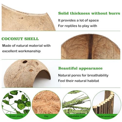 QUOZUO Crested Gecko Tank Accessories, Reptile Climbing Vines Hanging Plants with Coconut Shells Bridge Hideout Hermit Crab Decor for Bearded Dragon Lizard Chameleon Gecko Turtle Snake