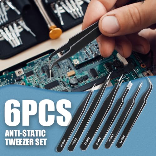 6 Pcs Precision Tweezers Set, Anti-Static Stainless Steel Craft | ESD Curved of Tweezers for Electronics, precision tweezers Craft, Laboratory Work, Jewelry-Making, etc