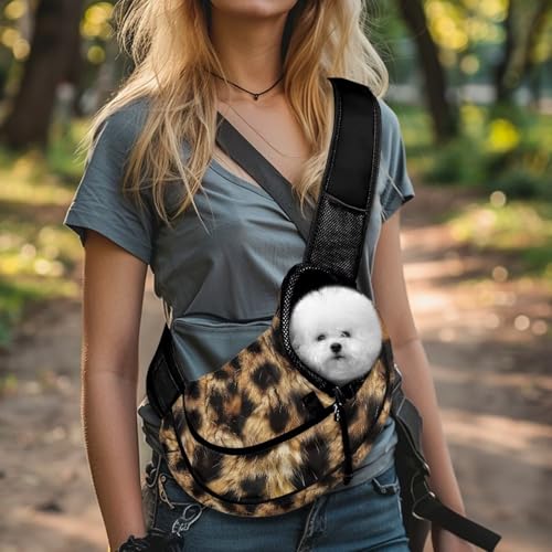 COEQINE Small Dog Carrier Sling Bag for Bike Hands-Free Cheetah Leopard Print Front View Cat Crossbody Purse with Safety Hook Jungle Adventure - color: Classic Leopard Print