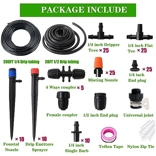 226FT Greenhouse Micro Drip Irrigation Kit Automatic Irrigation System Patio Misting Plant Watering System with 1/4 inch 1/2 inch Blank Distribution Tubing Hose Adjustable Nozzle Emitters Sprinkler | Automatic Irrigation System, Patio Misting Plant Wateri