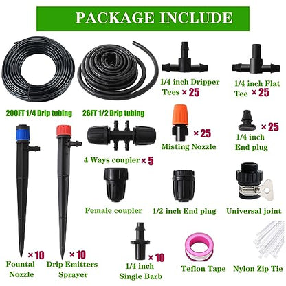226FT Greenhouse Micro Drip Irrigation Kit Automatic Irrigation System Patio Misting Plant Watering System with 1/4 inch 1/2 inch Blank Distribution Tubing Hose Adjustable Nozzle Emitters Sprinkler | Automatic Irrigation System, Patio Misting Plant Wateri