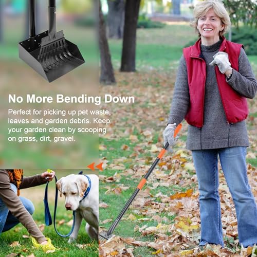 Pooper Scooper, Dog Pooper Scooper Tray and Rake Set with Adjustable Stainless Steel Long Handle for Large Medium Small Dogs - color: Orange