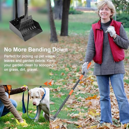 Pooper Scooper, Dog Pooper Scooper Tray and Rake Set with Adjustable Stainless Steel Long Handle for Large Medium Small Dogs - color: Orange